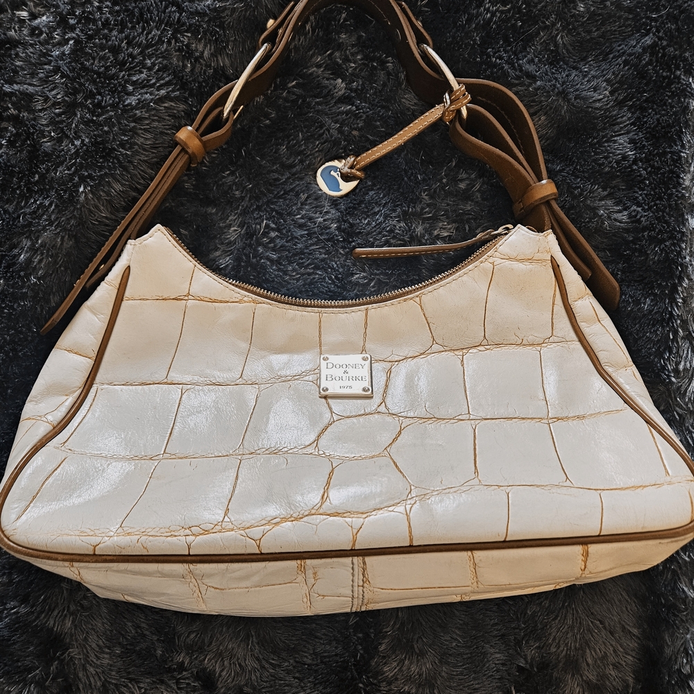 Dooney & Bourke Cream Croc-Embossed Hobo with Brown Strap
